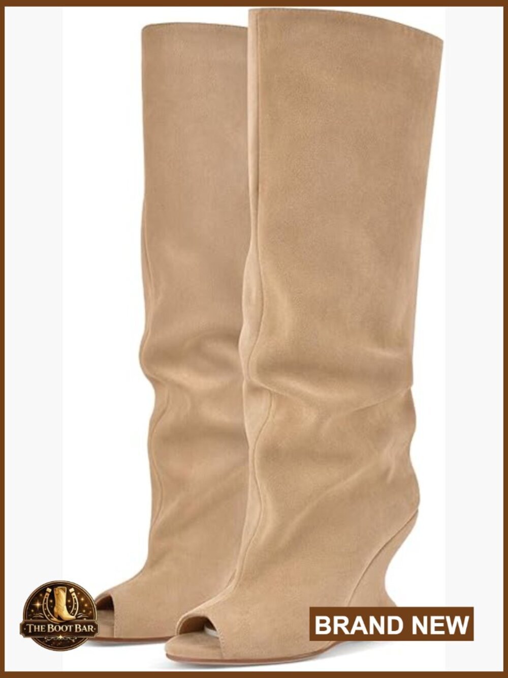 Wedge Knee High Sandal Boots Peep Toe Slouchy Pull On Heels